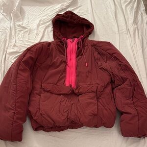 FP Movement Burgundy Puffer Jacket with Pink Zipper